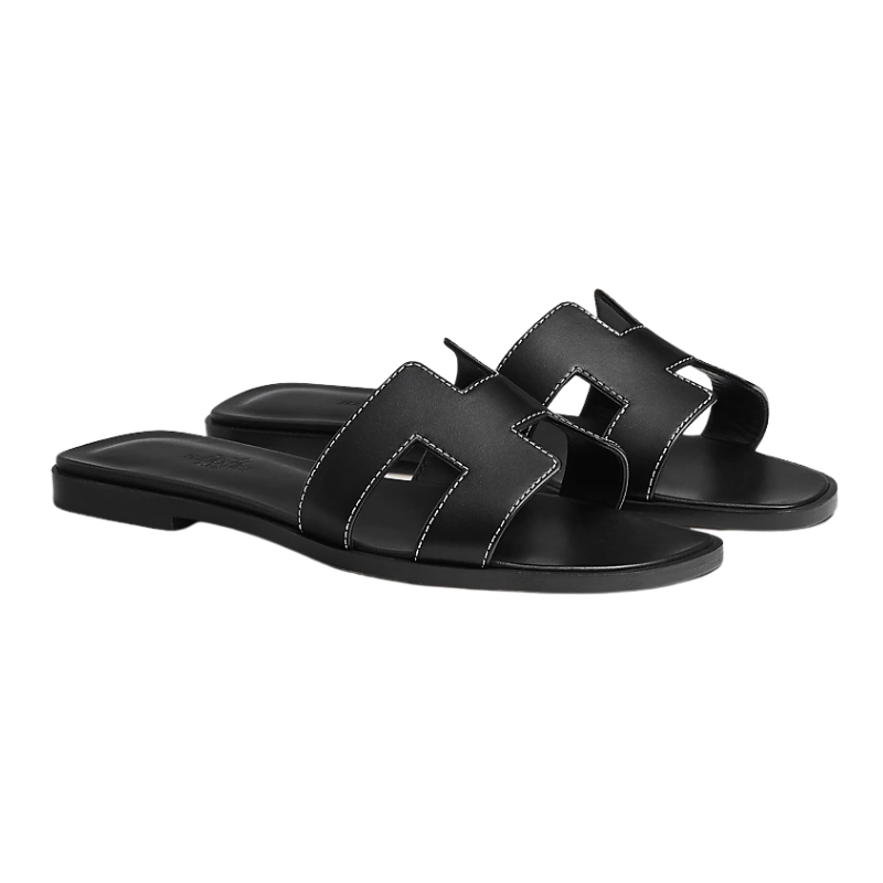 Hermes Oran Sandal Black Calfskin – White Top Stitch Flat Shoes