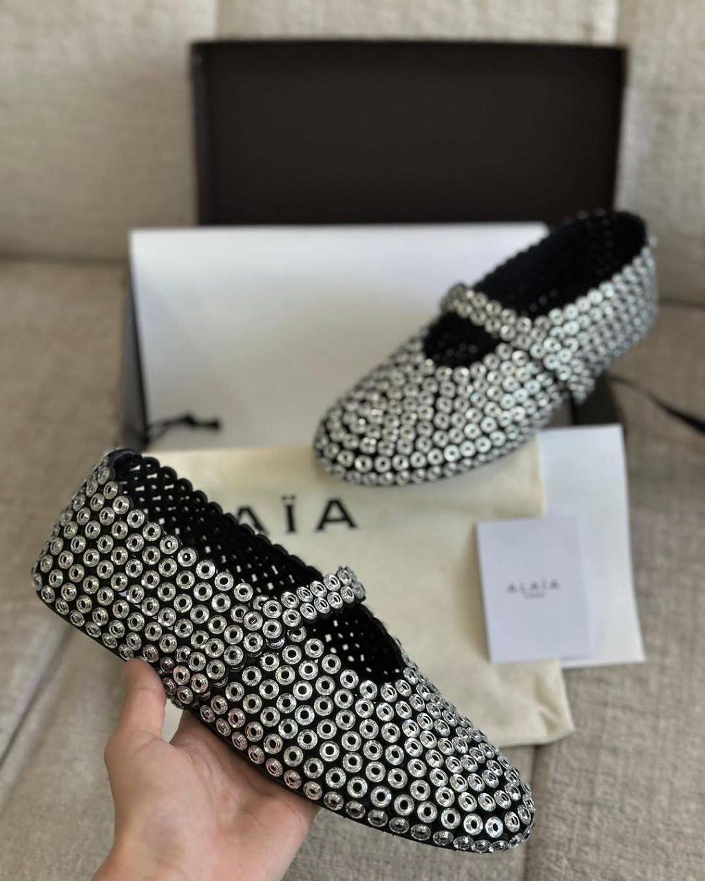 Alaïa Suede Glass-Embellished Ballet Flats
