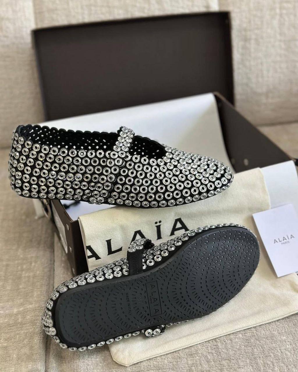 Alaïa Suede Glass-Embellished Ballet Flats
